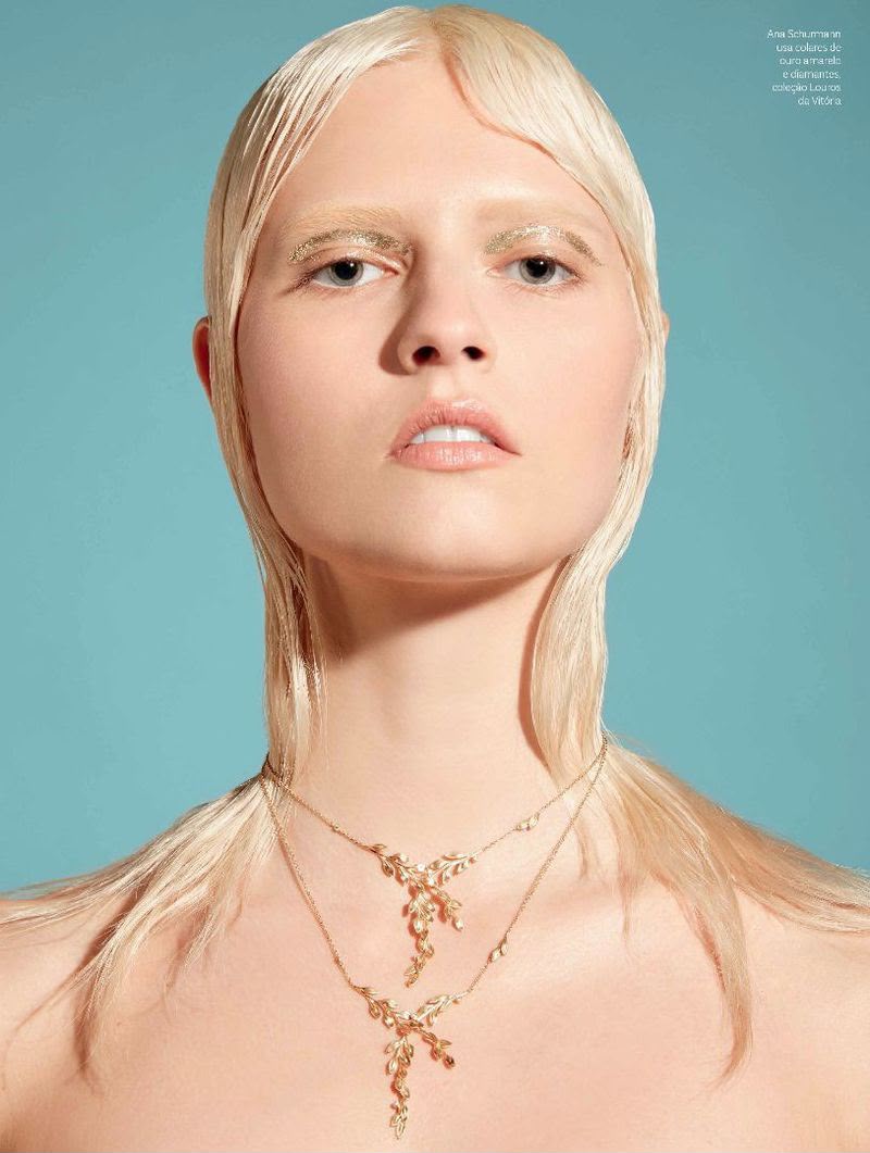 Ana Schurmann for Vogue Brasil, shot by Zee Nunes — beauty portrait wearing yellow gold and diamond necklaces, Louros da Vitória collection